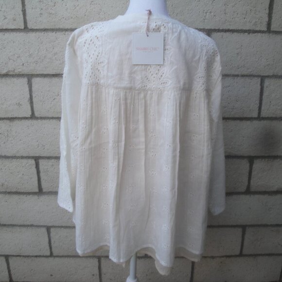NEW Shabby Chic Women's Size XL Cotton Peasant Blouse Cream Eyelet Long Sleeve - Picture 4 of 7